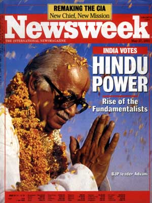 "הכוח ההינדואי״: עליית הפונדמנטליסטים" על שער השבועון 'ניוזוויק', 1997. בצילום נראה האיש החזק של הלאומנות ההינדית, לאל קרישנה אדוואני