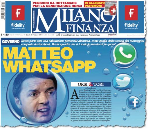 ראש הממשלה כאפליקציה: עתון פיננסי במילאנו משווה את מתיאו רנצי עם WhatsApp. יפה מאוד, שווה הרבה כסף, אבל בוא נראה עכשיו לאיזו נבחרת הצטרפת (22 בפברואר 2014)