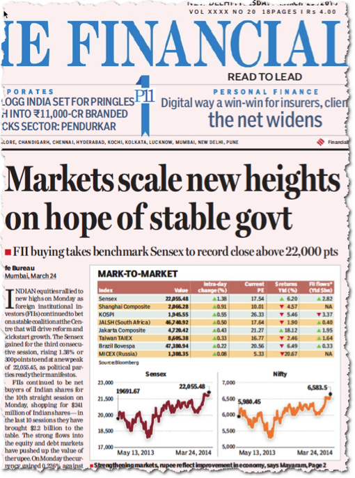 ״השווקים ממריאים לגבהים חדשים ״, מודיע העתון הפיננסי ההודי ׳פייננשל אקספרס׳, עשרים-וחמשה במארס 2014. שתי העקומות מראות את עליית שני המדדים העיקריים בבורסה של  מומבאיי מאז תחילת השנה 
