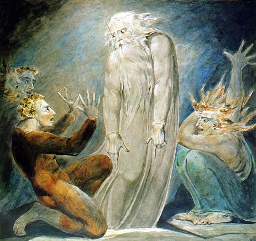 שמואל הרואה ואינו נראה נראה לשעה קלה בעין-דור לעיני שאול הכמעט-כבר-לא-מלך (ציור של רוברט בלייק, סביב 1800)